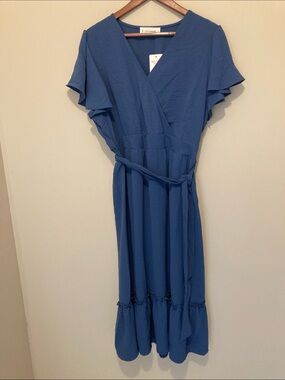 Lucky Brand Blue Wrap-Style Midi Dress with Tie